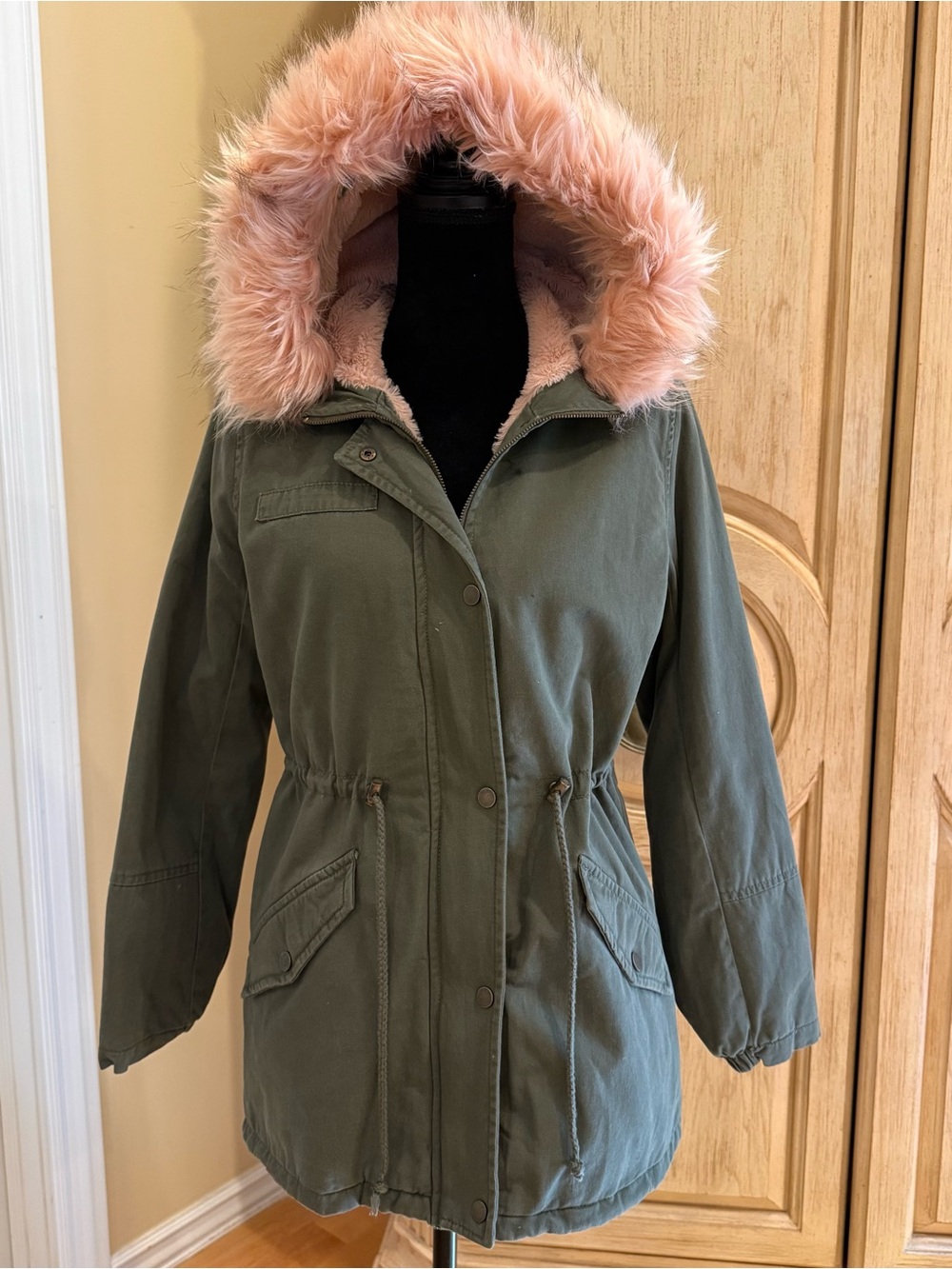 Vintage Ci Sono utility parka in olive/army green with baby pink faux-fur hood